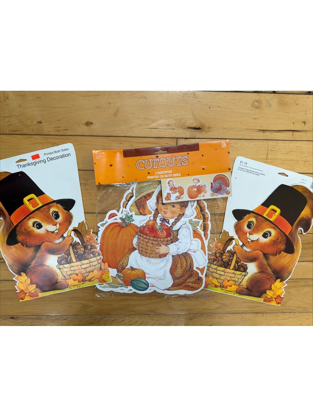 Vintage Thanksgiving Die Cut Decorations Cardboard Animals Pilgrims Turkey New